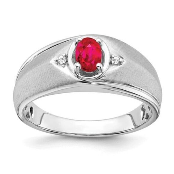 14k White Gold Oval Ruby and Diamond Mens Ring - Picture 1 of 8